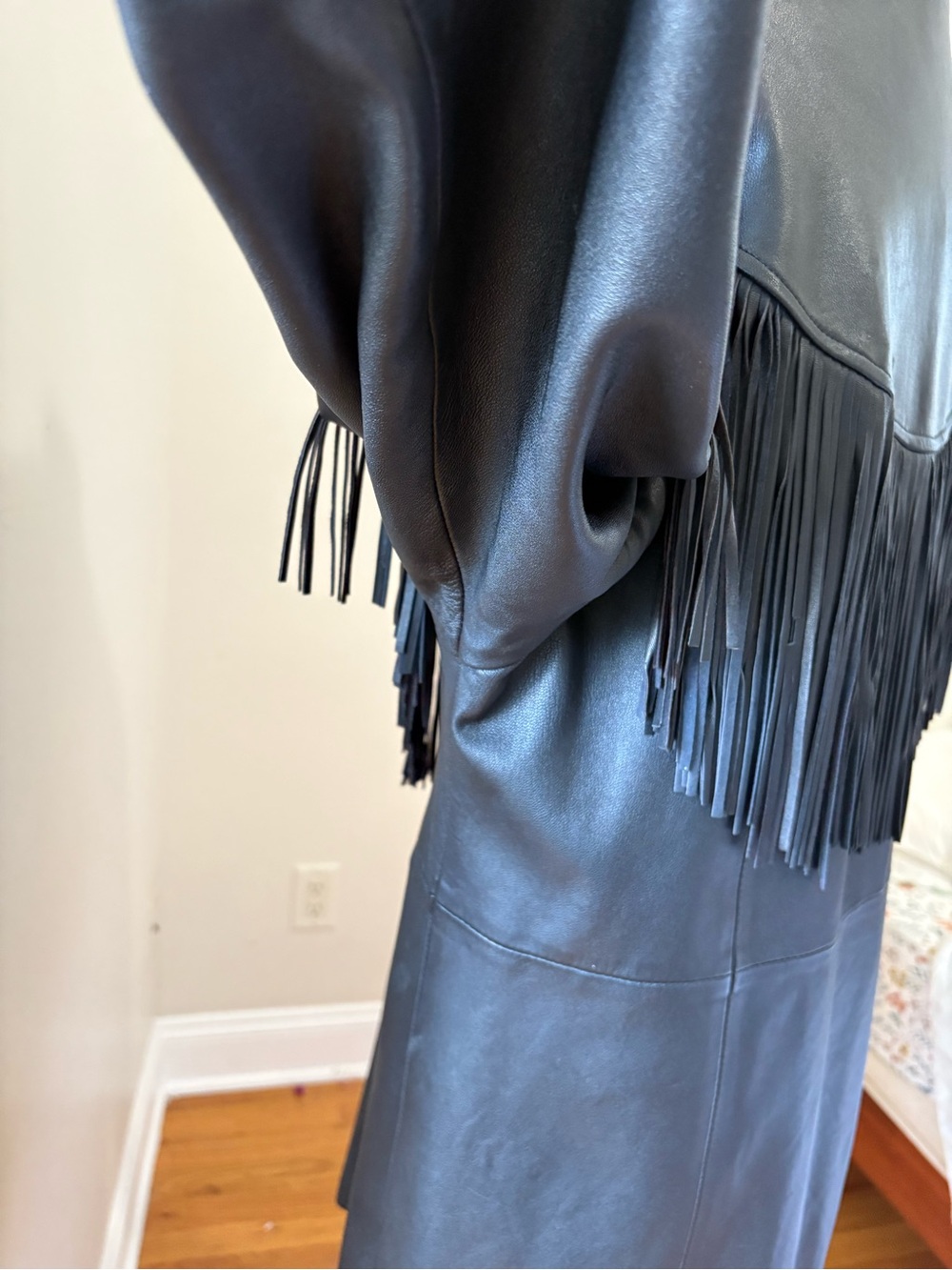 Black Leather Fringe Coat - Women - Picture 4 of 16